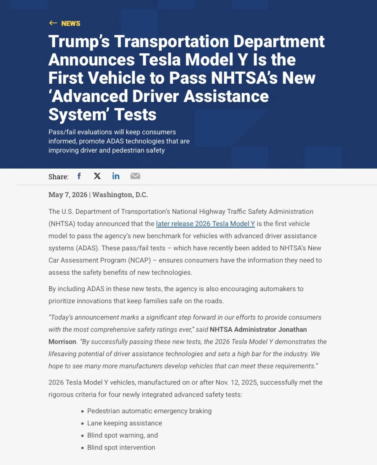 NHTSA Tesla Model Y