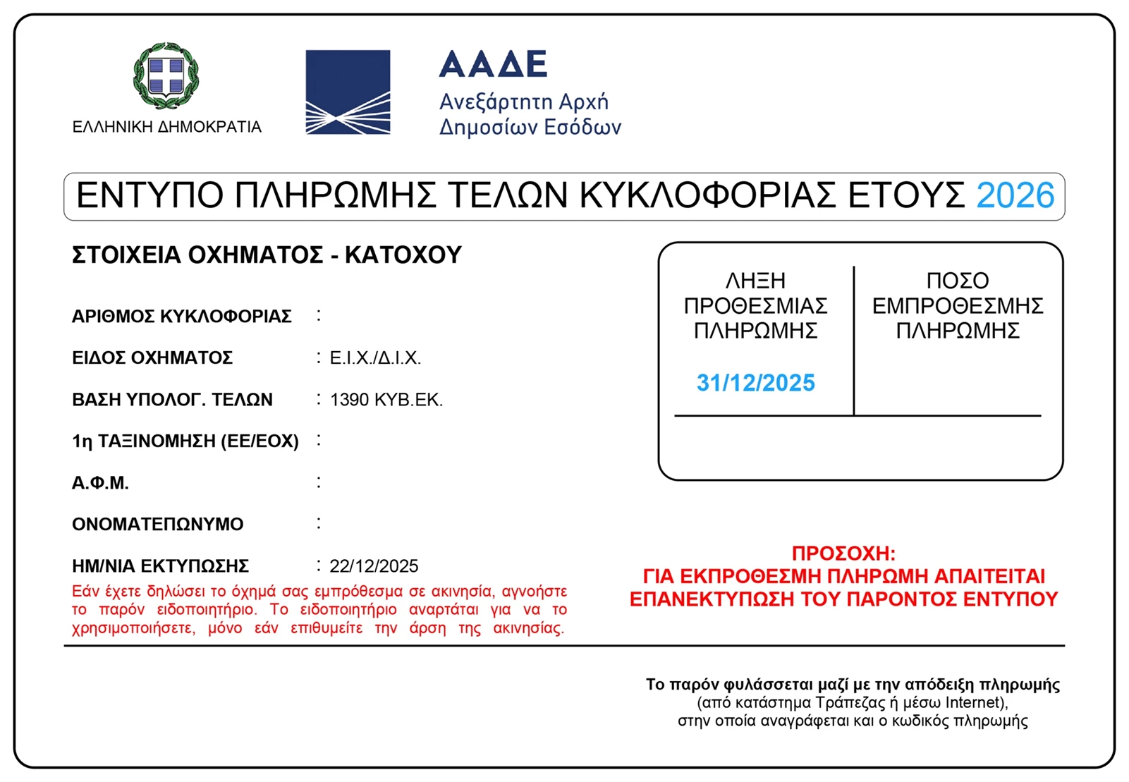 τέλη κυκλοφορίας 2026 ειδοποιητήριο