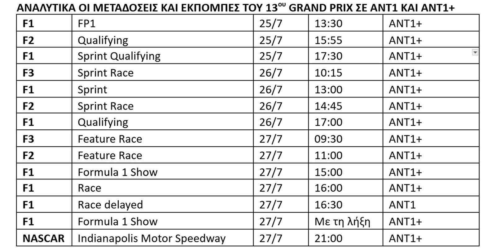 F1 GP Βελγίου Spa Πρόγραμμα