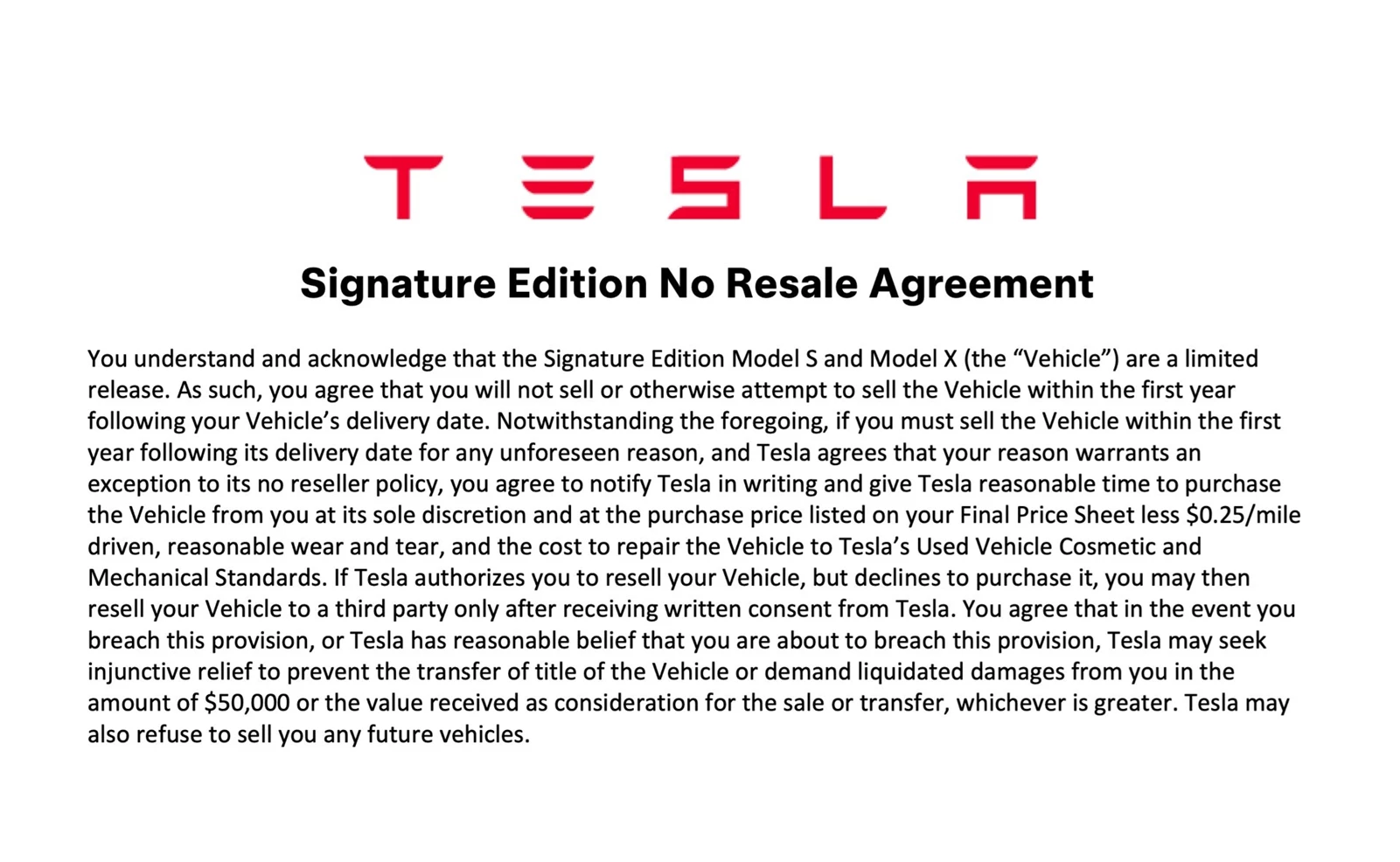 Tesla απαγόρευση μεταπώλησης